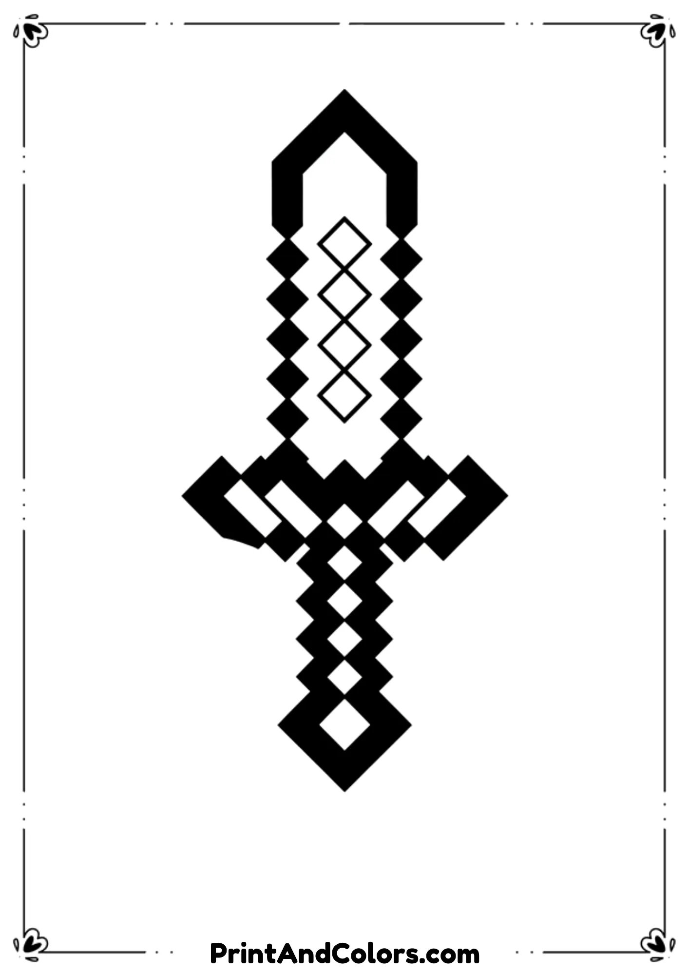  Black and white line illustration of a Minecraft sword designed for kids, simple pixel shape, bold outlines, no shading or color, printable coloring page.
