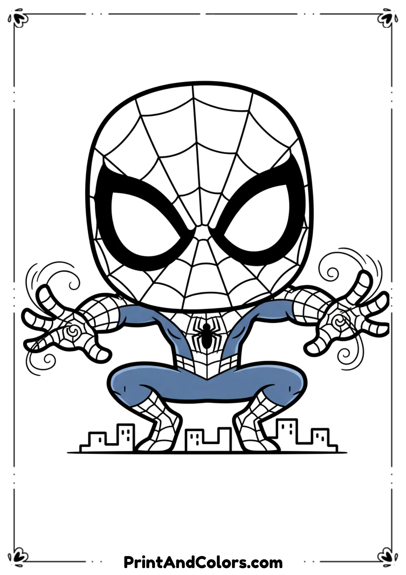 Black-and-white outline of Spider-Man in his black symbiote suit, crouched in a dark alley, bold shadowy details.
