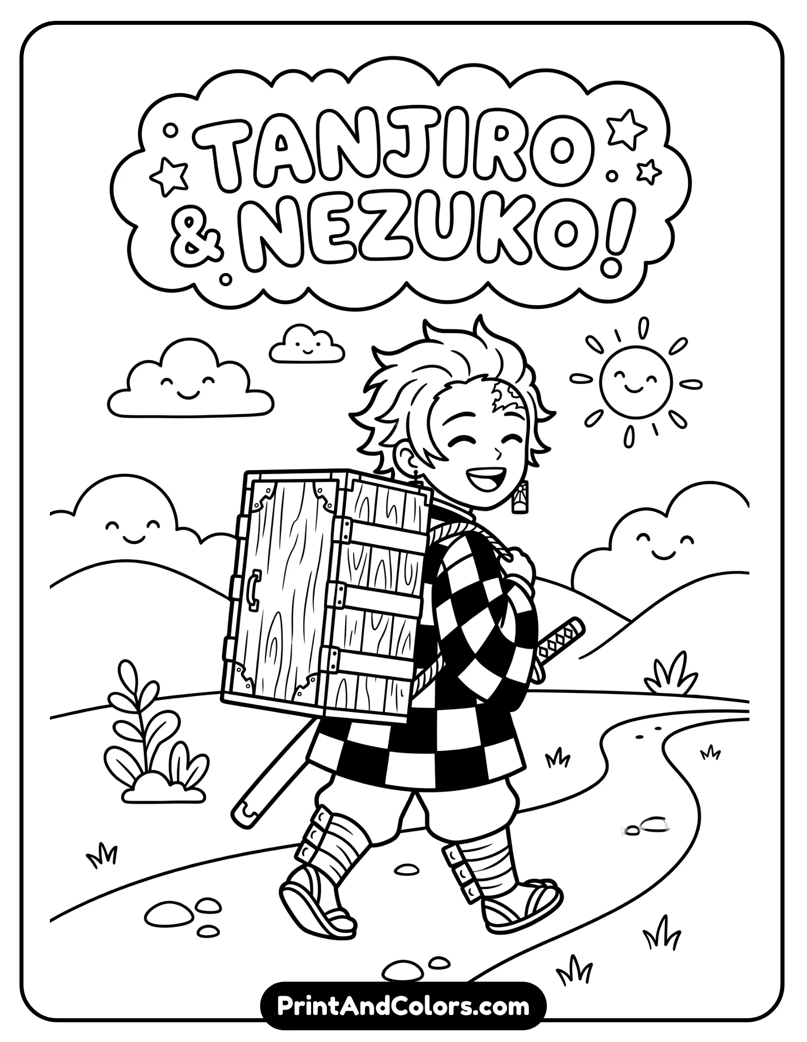 Tanjiro carrying Nezuko’s box on his back, simplified design, bold outlines, minimal background, kid-friendly composition