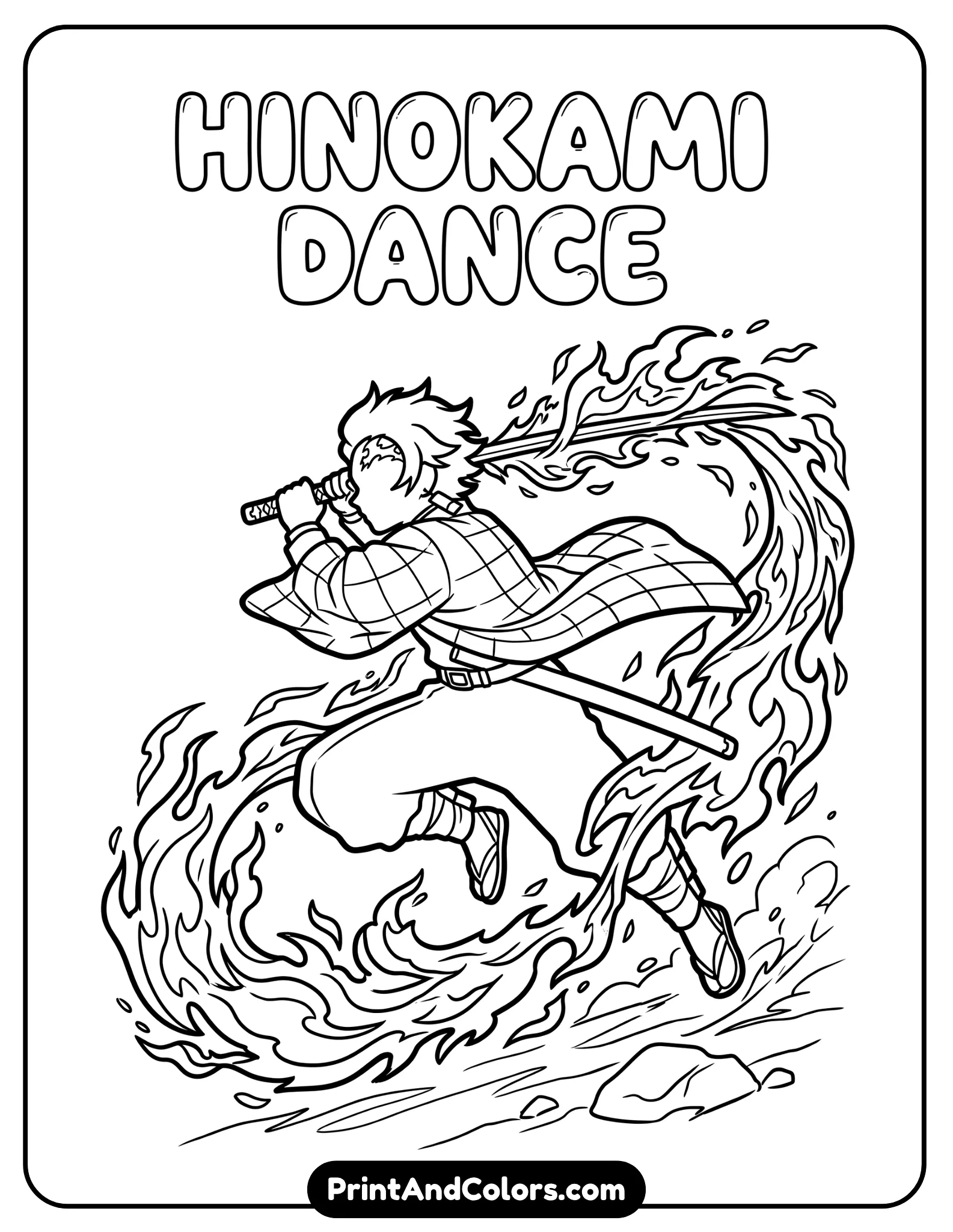 Silhouette-style line art of Tanjiro performing Hinokami dance, flame-like shapes around him, bold outlines, minimal interior detail for creative coloring