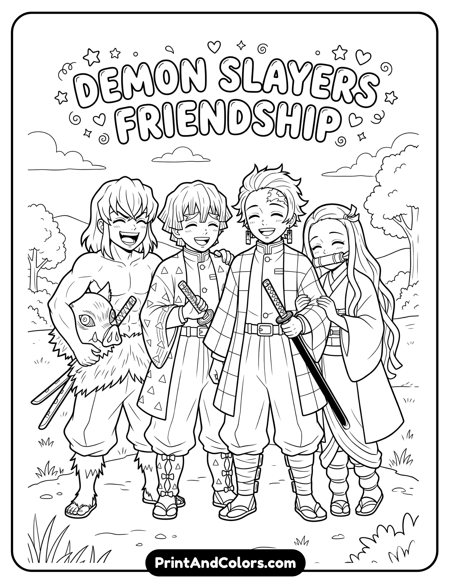 Group line art of Tanjiro, Nezuko, Zenitsu, and Inosuke smiling together, friendly pose, balanced composition, simple background, clean outlines