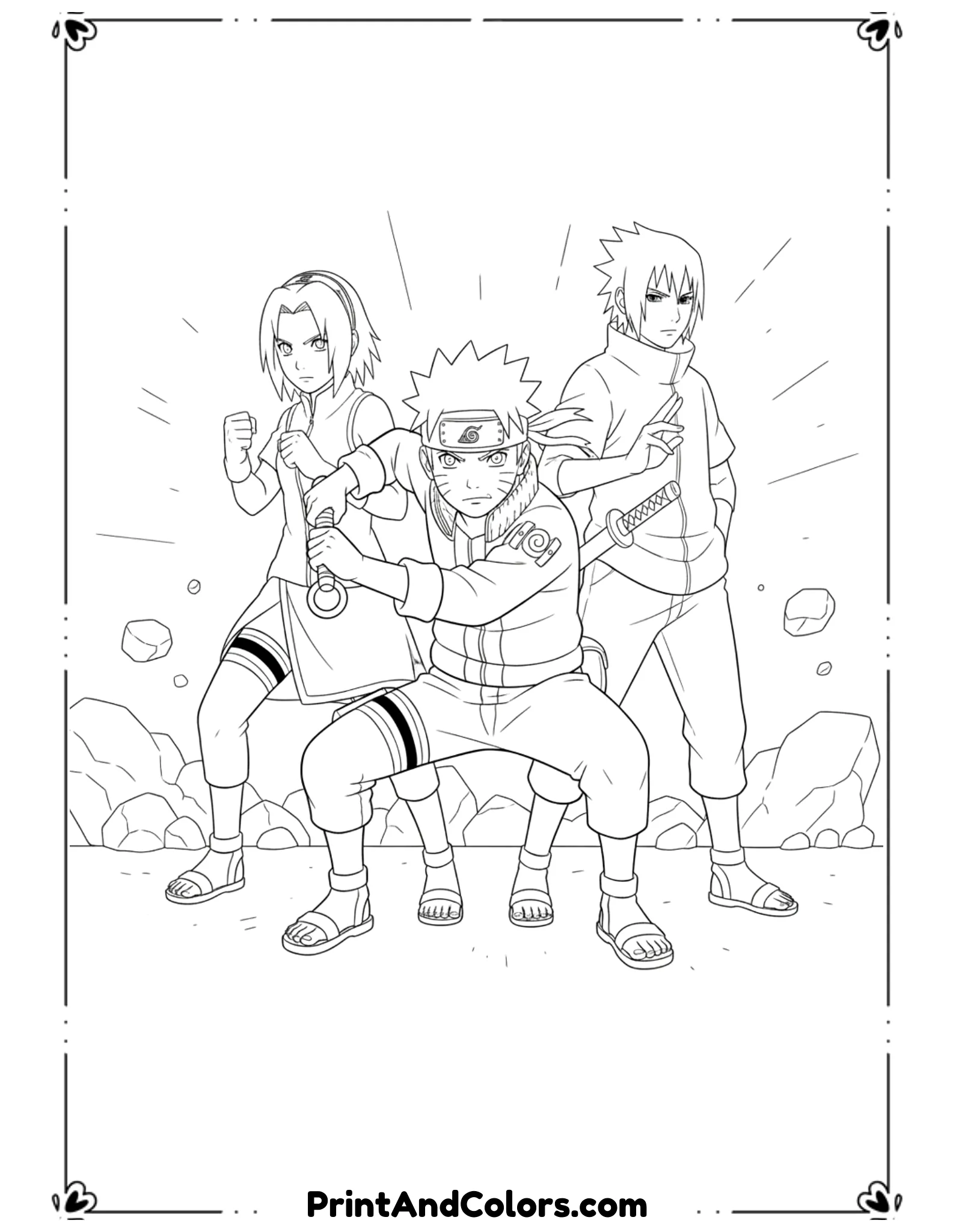  Illustrate Team 7—Naruto, Sasuke, and Sakura—standing together in synchronized battle stances. Each character has a distinct pose showing teamwork and readiness. Minimal battlefield background. Black and white outlines only, no shading, kid-friendly anime coloring sheet.
