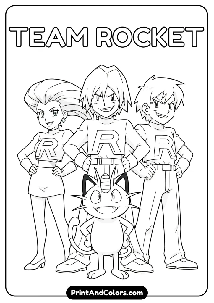 Team Rocket group shot – fun villain coloring page.