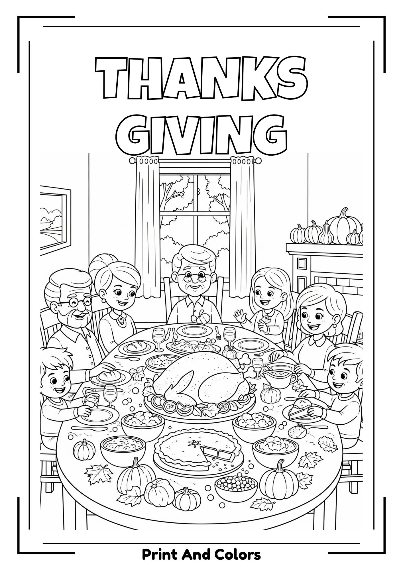 Thanksgiving coloring page featuring a feast, turkey, and autumn-themed decorations
