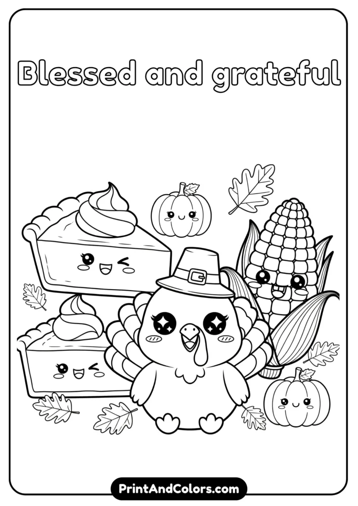 Black and white kawaii Thanksgiving scene with turkey, pumpkin pie, and corn, all with cute smiling faces