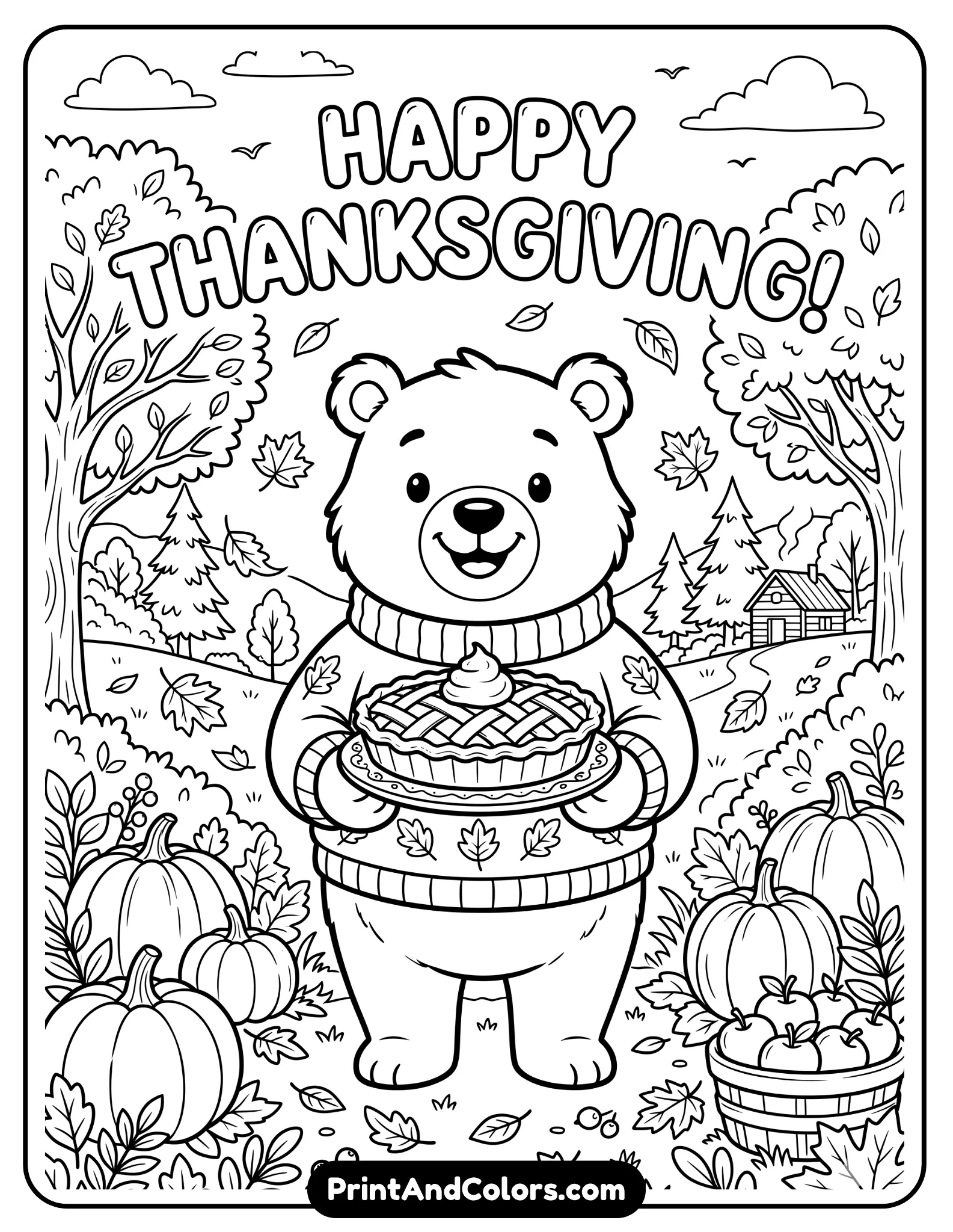 Thanksgiving themed coloring page of Winnie the Pooh holding a pumpkin pie on a plate, autumn leaves falling around, pumpkins and trees in background, friendly cartoon style with bold coloring lines