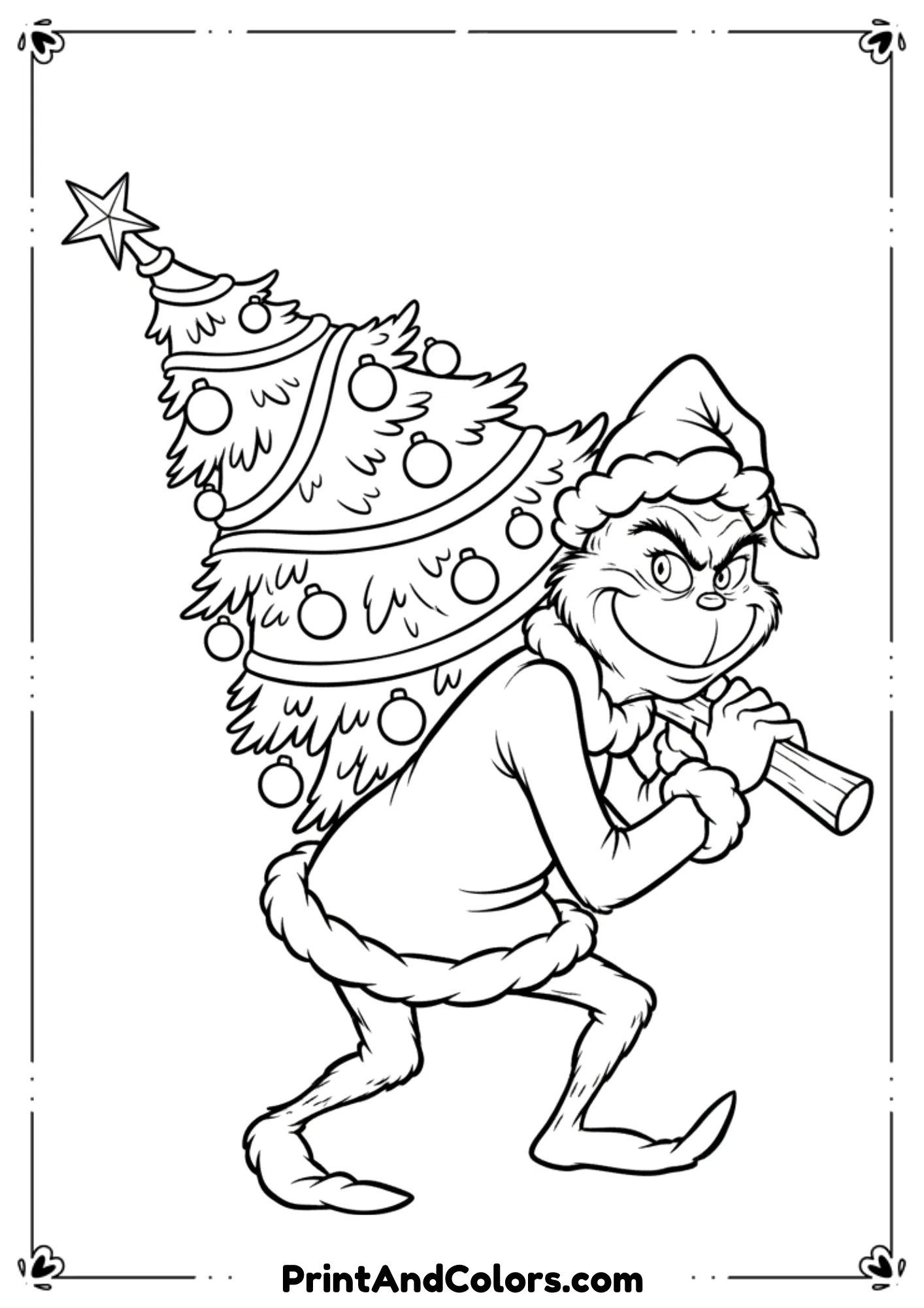  Line-art illustration of a Grinch-like character sneaking away with a Christmas tree over his shoulder. Expressive mischievous pose, clean detailed outline, no copyright-restricted elements (generic style).
