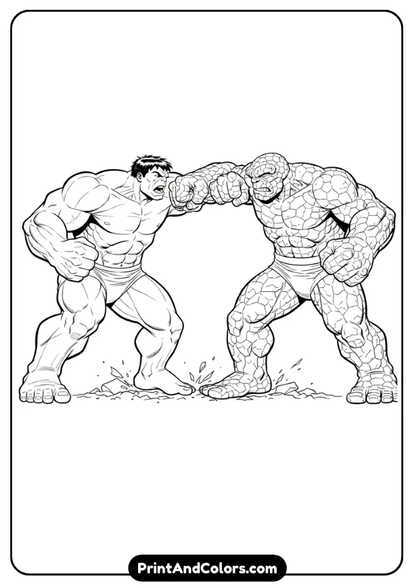Black and white comic-style line drawing of the Hulk locked in battle with The Thing (Ben Grimm), both punching each other, rocky texture on Thing, muscular Hulk, dynamic action pose, clean ink outlines, no shading
