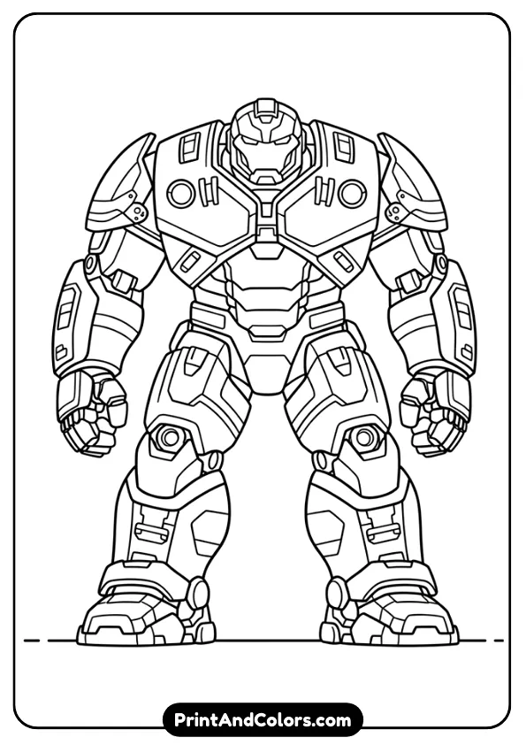 Black and white line-art of the Hulkbuster armor standing tall, mechanical details simplified for coloring, clean outlines