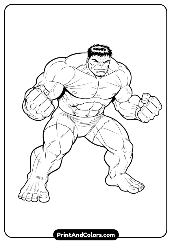 Detailed line-art of the Incredible Hulk in battle stance, legs bent, fists ready, comic-book muscles, dynamic pose, clean outlines, black and white, no background shading