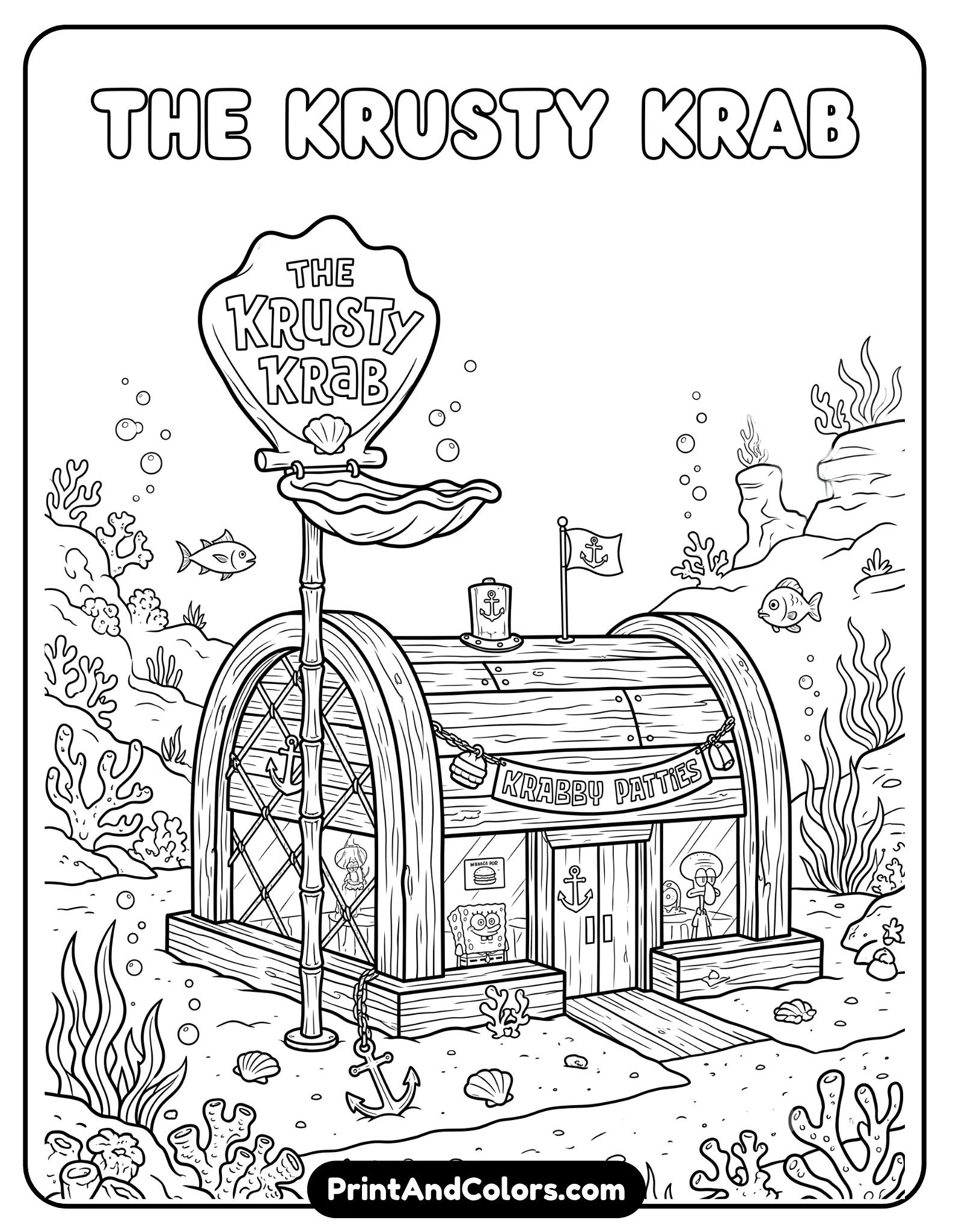 Detailed black and white line art of the Krusty Krab restaurant exterior with wooden textures, signboard, anchor decorations, windows, and surrounding underwater scenery, printable cartoon coloring page style, no shading