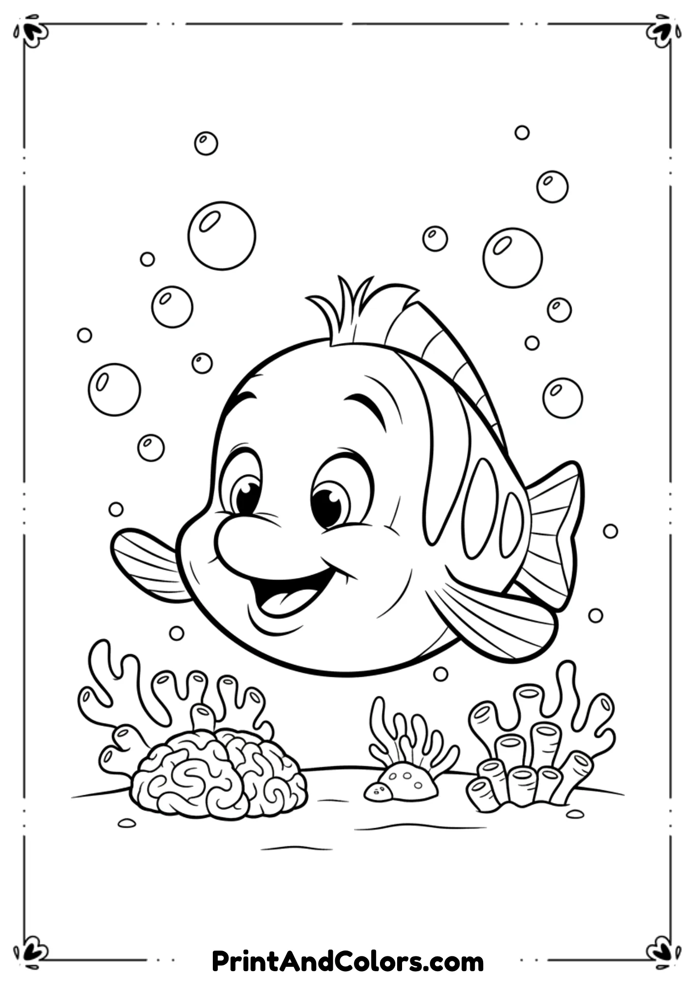 Create a kid-friendly line-art drawing inspired by Flounder from The Little Mermaid. Round face, cute fins, bubbles, and simple coral shapes. Clean black outlines only.