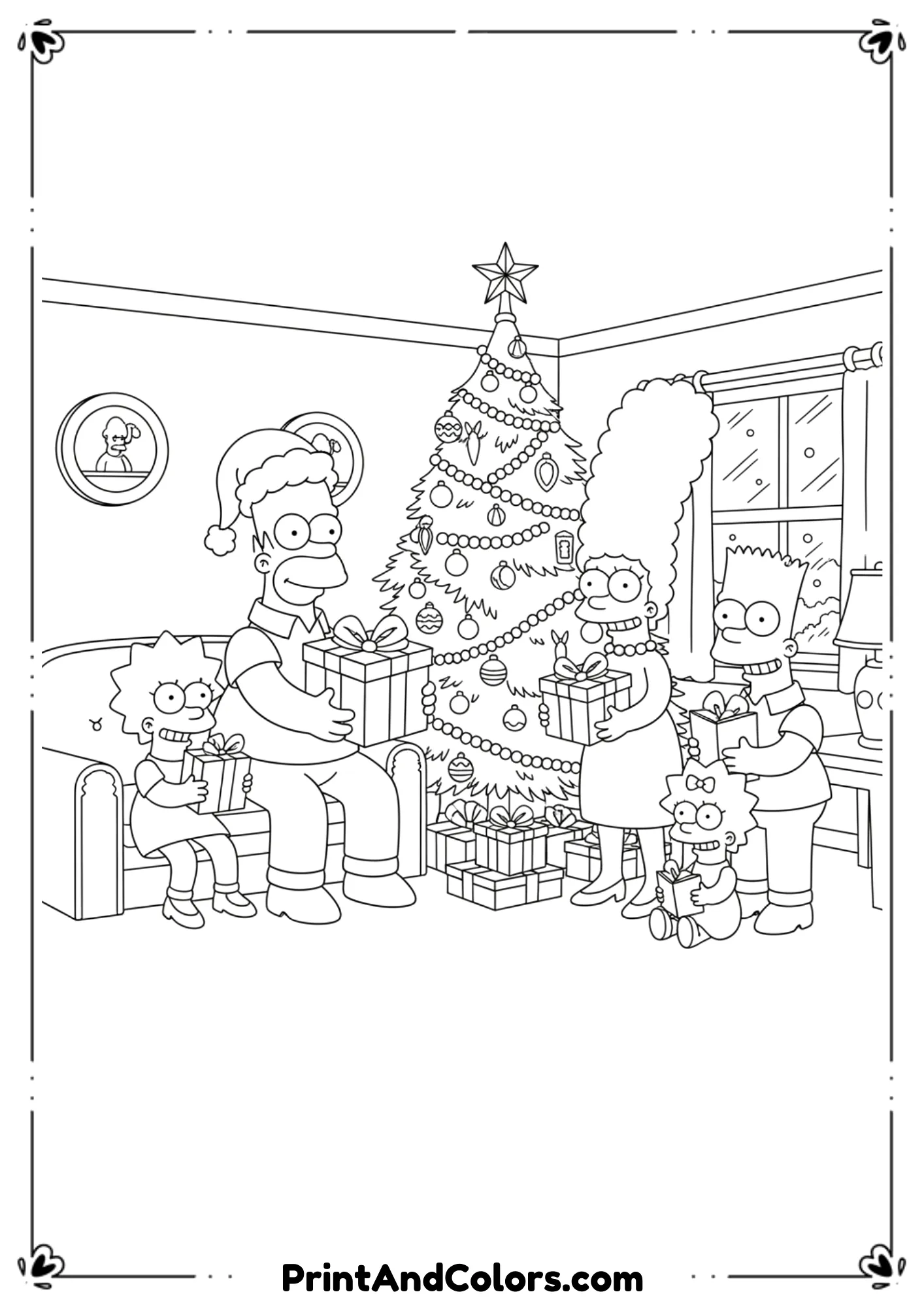 Black and white outline of The Simpsons family exchanging gifts around a decorated Christmas tree.
