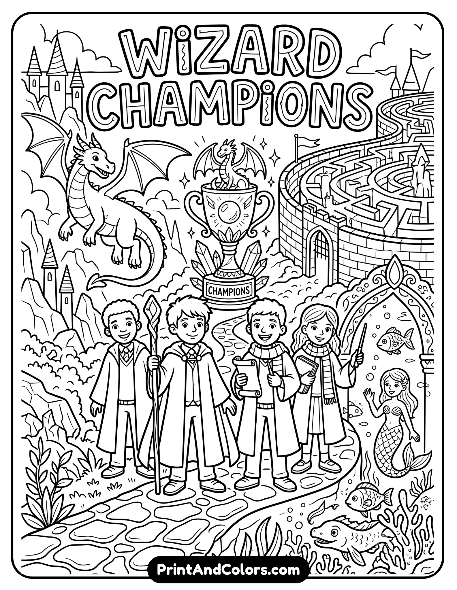 Epic black and white fantasy coloring page showing young wizard champions standing beside a magical trophy with dragons, maze walls, and underwater magical creatures in the background. Include banners, flames, stars, and dramatic magical energy. Highly detailed printable coloring book line art style