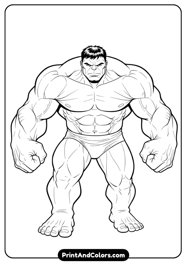 General black and white Hulk illustration, heroic pose, hands clenched, bold outlines, clean and simple
