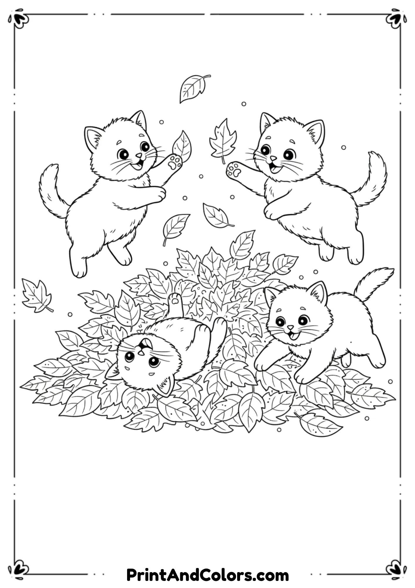 Three cute kittens jumping and playing in autumn leaves, scattered leaves drawn in clear line art.
