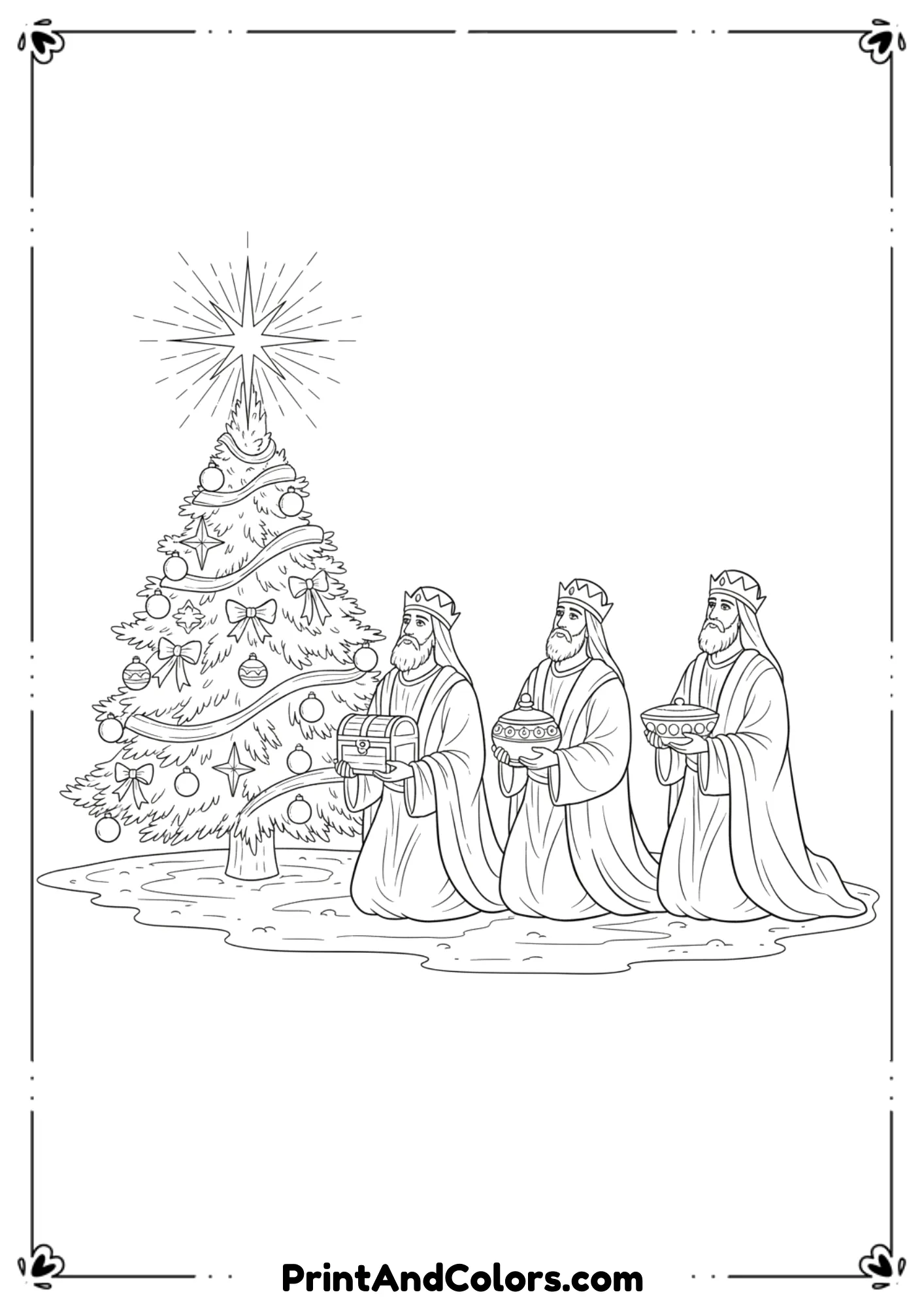  Line-art nativity-inspired scene showing three wise men kneeling, offering gifts near a glowing star and a decorated Christmas tree. Detailed but clear outlines, spiritual theme, no shading.
