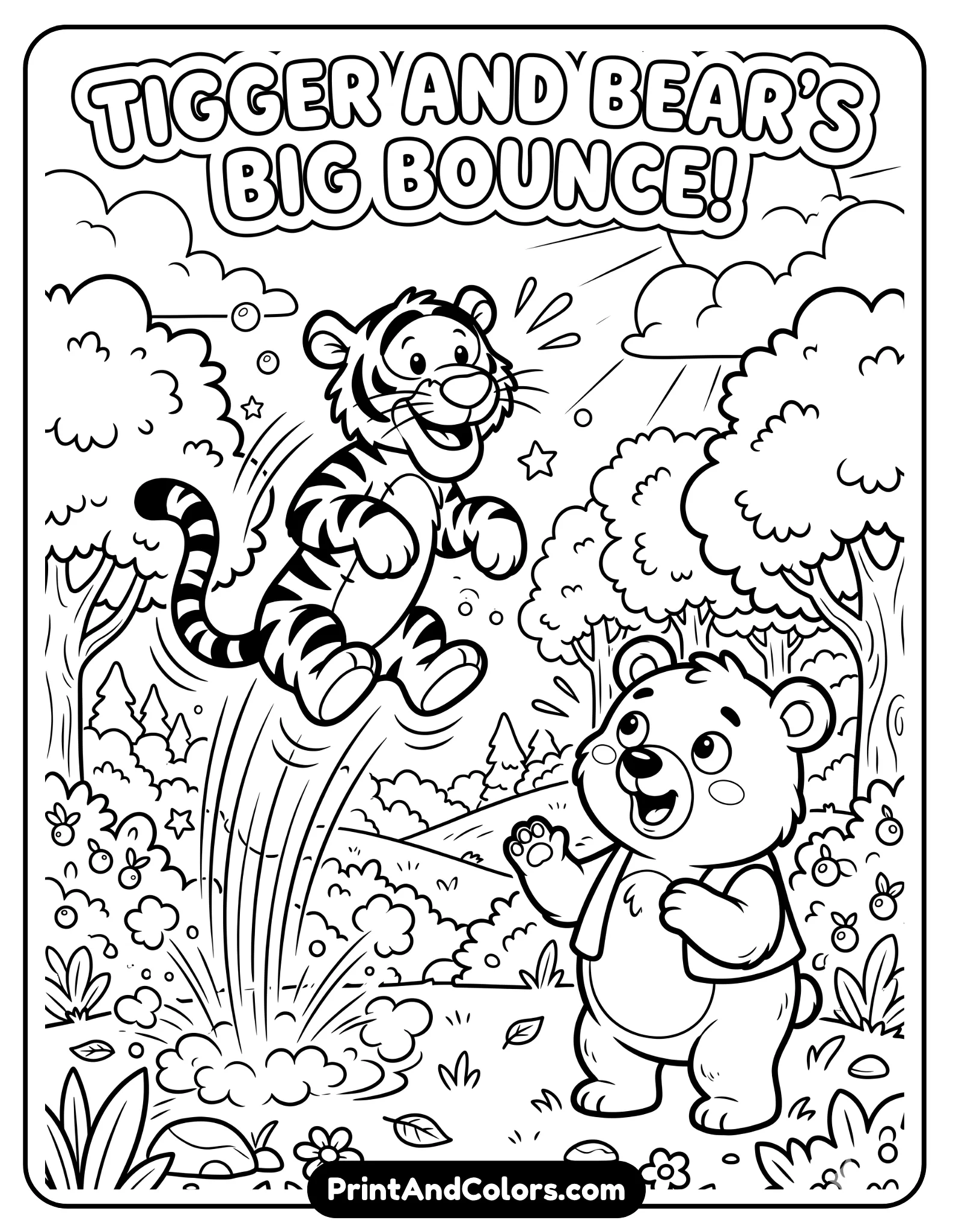 Energetic black and white coloring page showing Tigger bouncing high in the air beside Winnie the Pooh who looks surprised and amused, motion lines showing Tigger’s bounce, playful forest background with trees and bushes, cartoon style with bold outlines designed for coloring books