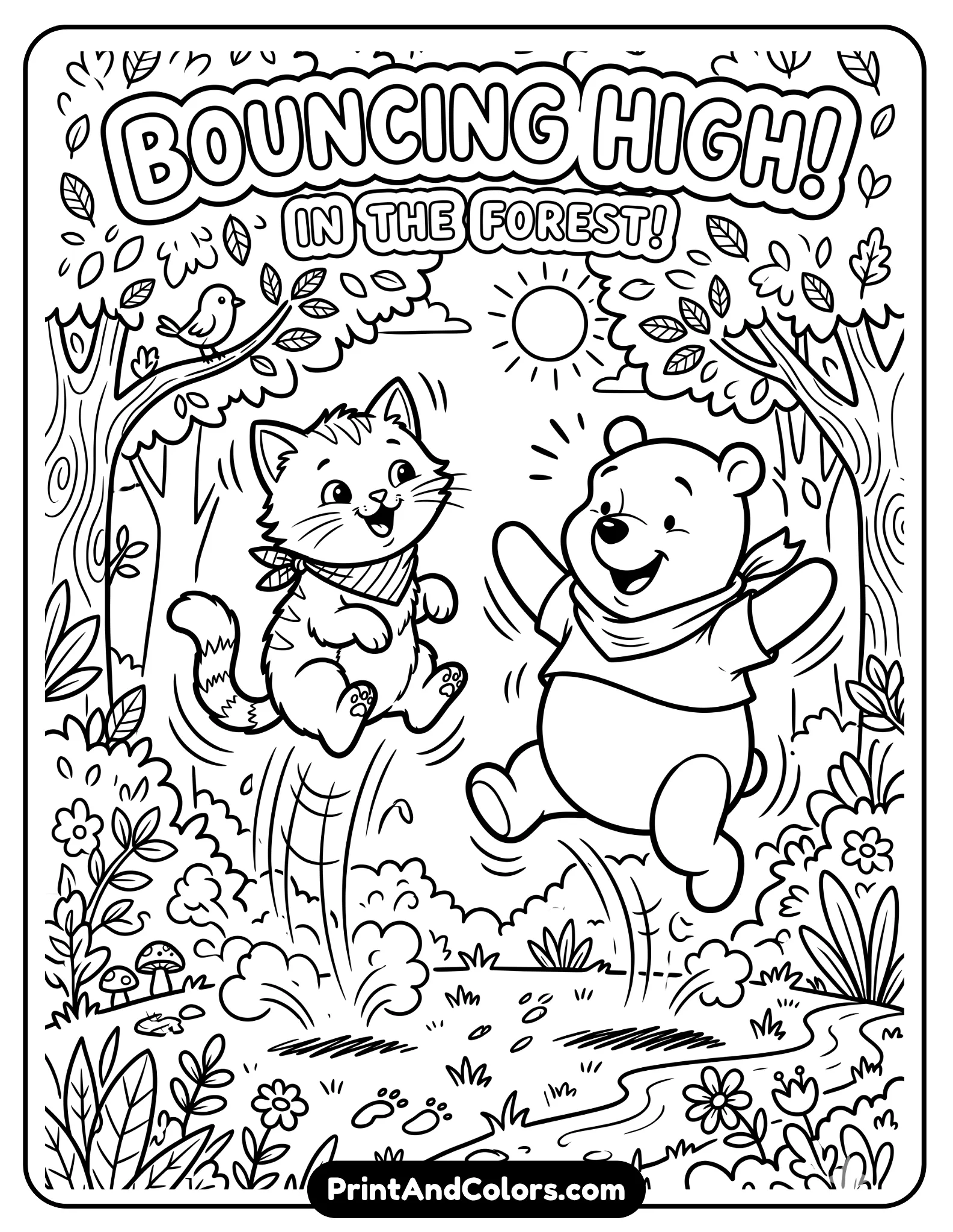 Fun coloring page showing Tigger bouncing high while Winnie the Pooh jumps happily beside him, energetic movement lines, forest background with trees and bushes, playful cartoon style, bold outlines perfect for coloring