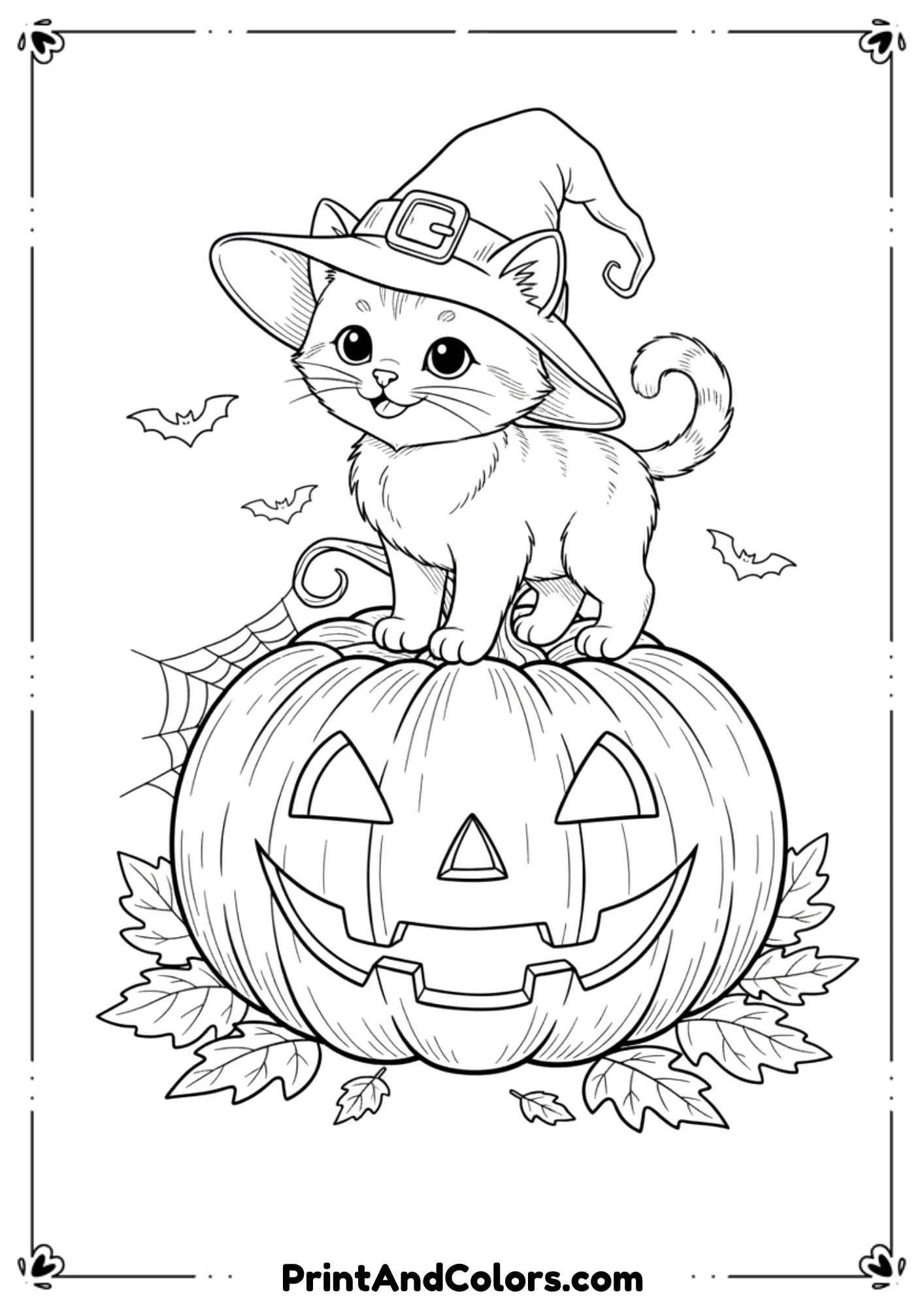 Tiny kitten wearing a witch hat standing on a carved pumpkin, Halloween theme in black-and-white line art.