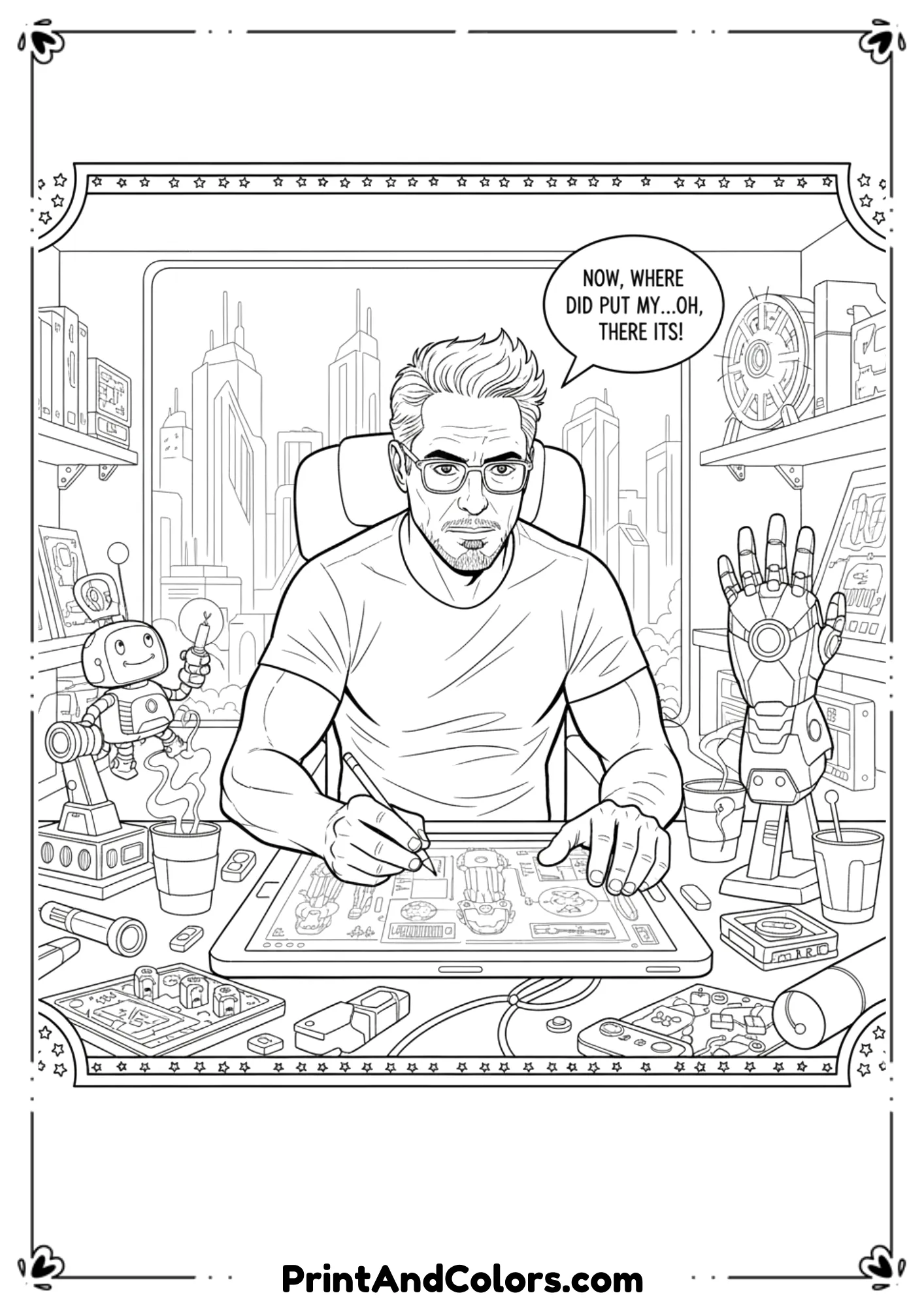  Line art of Tony Stark at his work desk, sketching Iron Man suit blueprints, surrounded by tools and tech gadgets.
