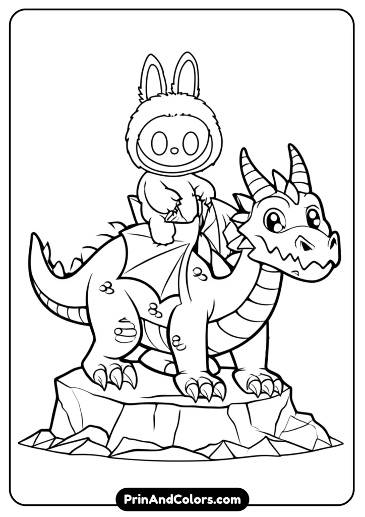 Cute line art of Labubu sitting on a rock beside a tiny Toothless dragon, friendship theme.