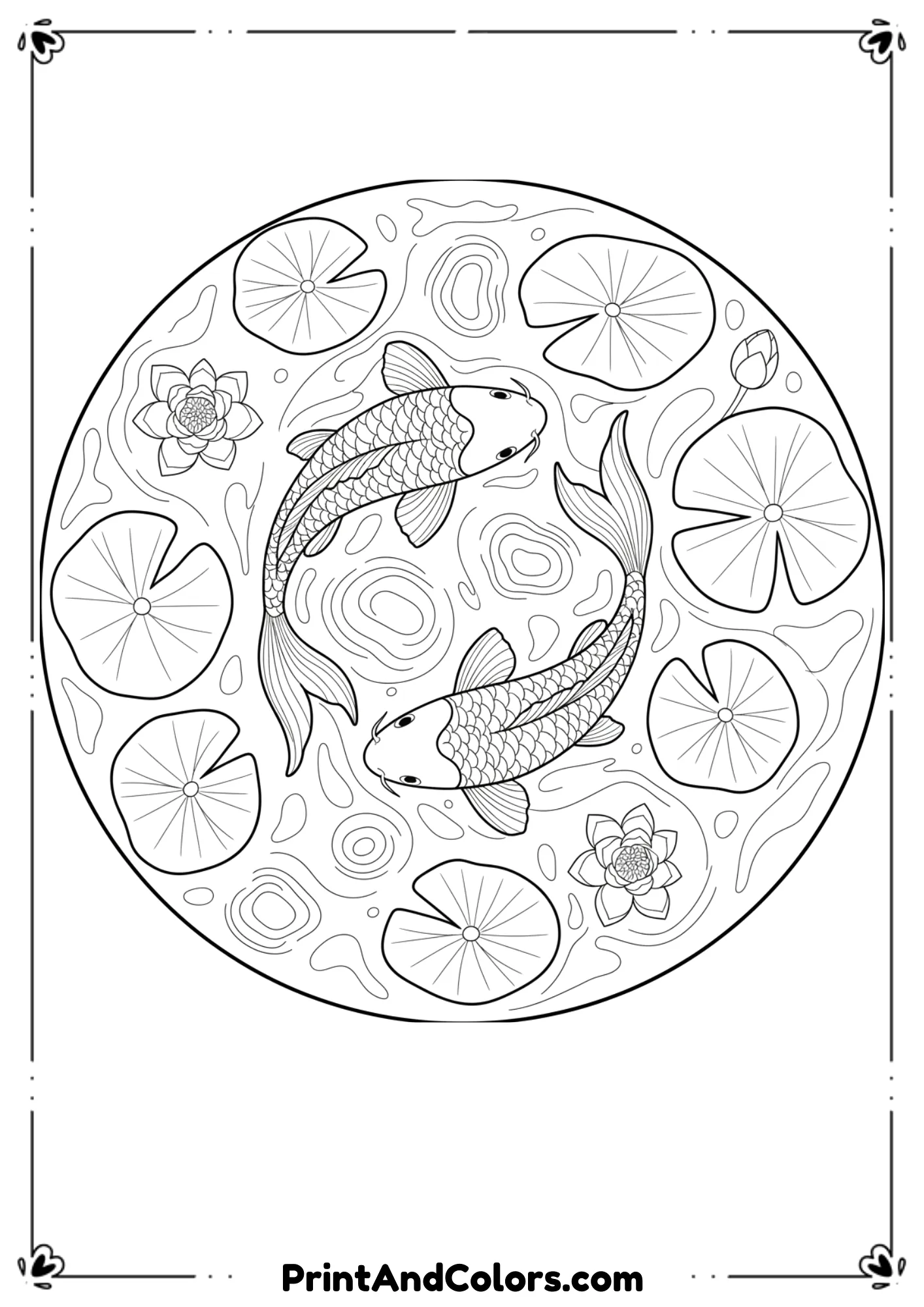 Top-down view of koi fish circling lily pads and lotus flowers. Curving lines, water ripples, organic shapes, smooth outlines for adult or kid coloring pages.