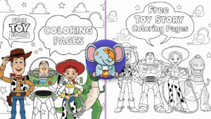 Black and white Toy Story coloring page featuring Woody tipping his hat, Buzz Lightyear with wings open, Jessie smiling with her lasso, and Rex looking cheerful, with simple cloud and star outlines in the background.