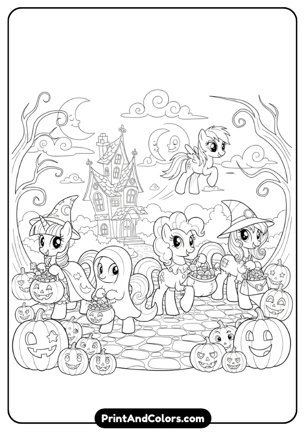 Design a black and white Halloween coloring sheet of My Little Pony characters trick-or-treating with candy bags, pumpkins, and costumes. Cute not scary, bold outlines.