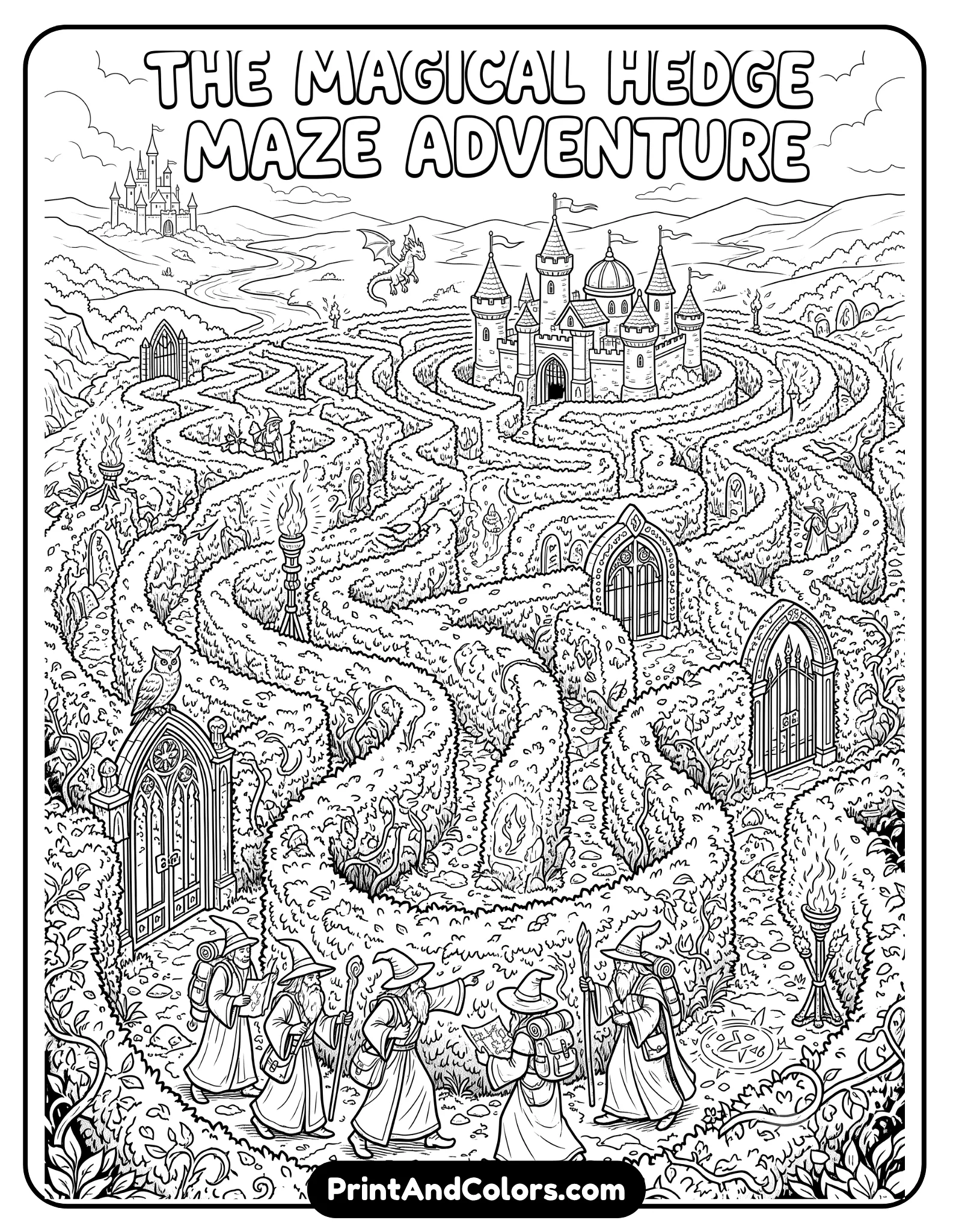 Intricate black and white fantasy coloring page of a giant magical hedge maze with twisting paths, mysterious gates, glowing torches, magical creatures, and wizard contestants exploring inside. Include dramatic fantasy atmosphere and detailed hedge textures. Printable adult coloring book line art style