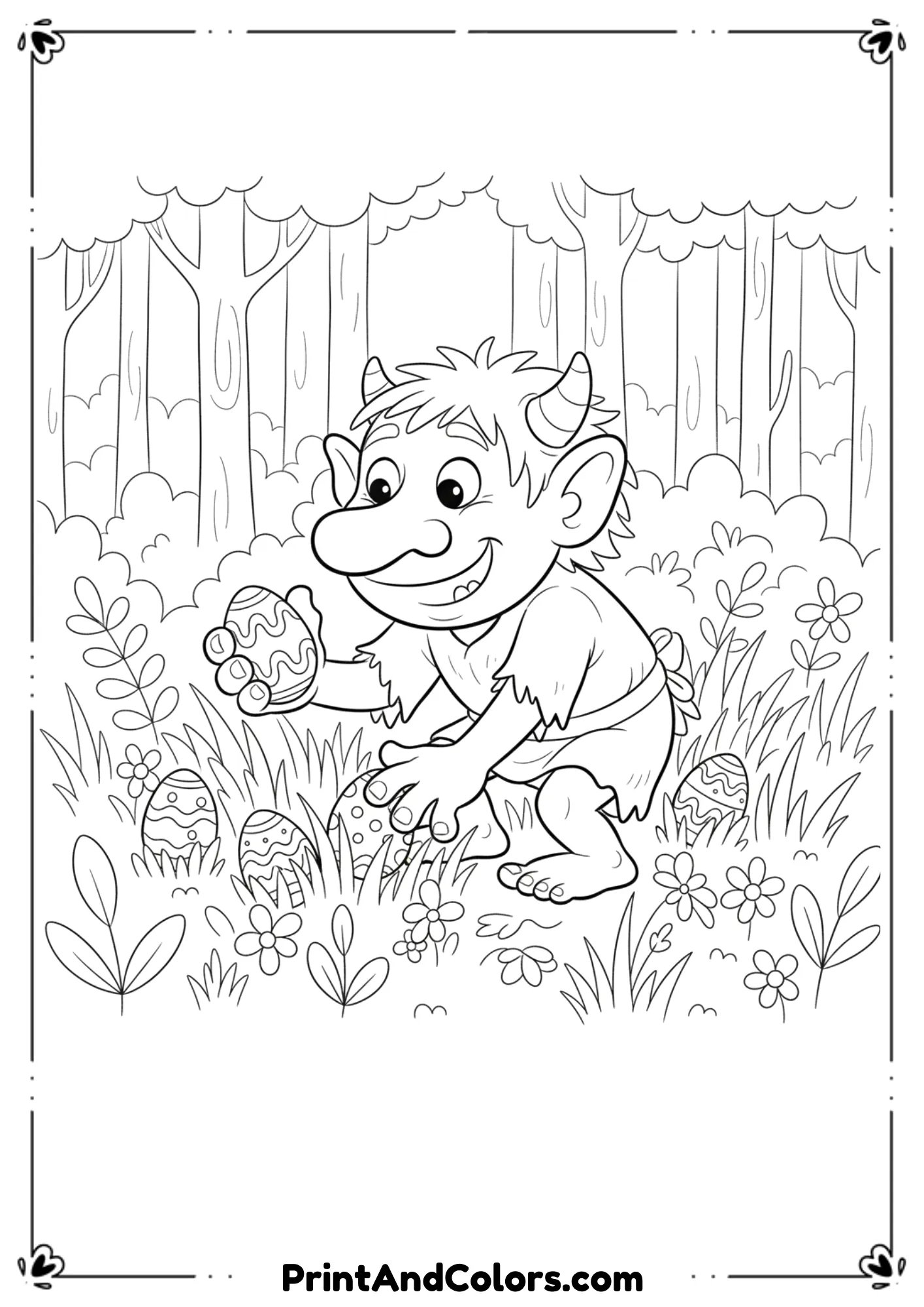 Cartoon troll character searching in grass and bushes, holding a decorated Easter egg, black and white line art.
