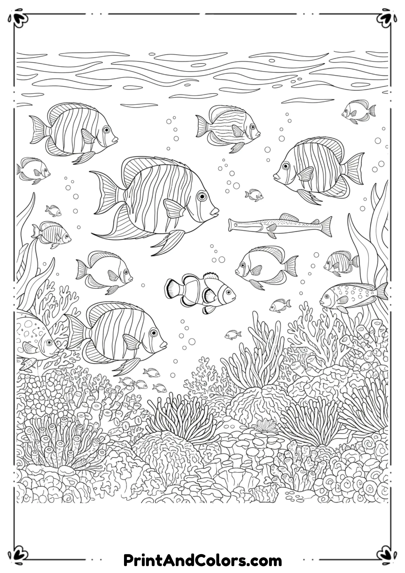Tropical fish with striped fins, patterned scales, coral reefs, and seaweed. Add multiple fish species for variety. Clean outlines.