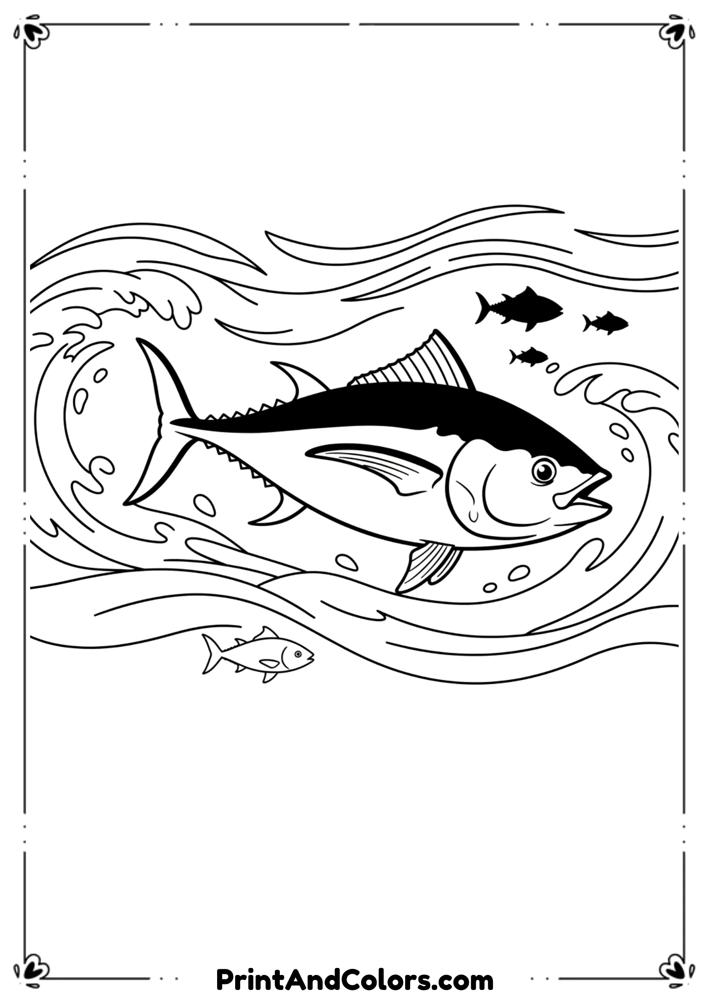 Outline of a streamlined tuna fish swimming in the ocean. Add wave lines and a few smaller fish silhouettes.