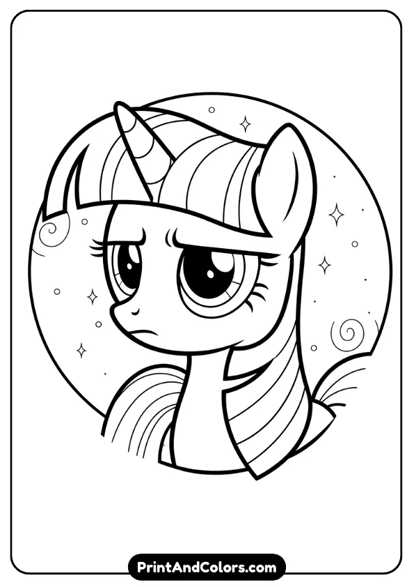 Illustrate of black and white coloring page of Twilight Sparkle with a thoughtful or frowning expression. Simple background, expressive eyes, clean outlines, no shading.
