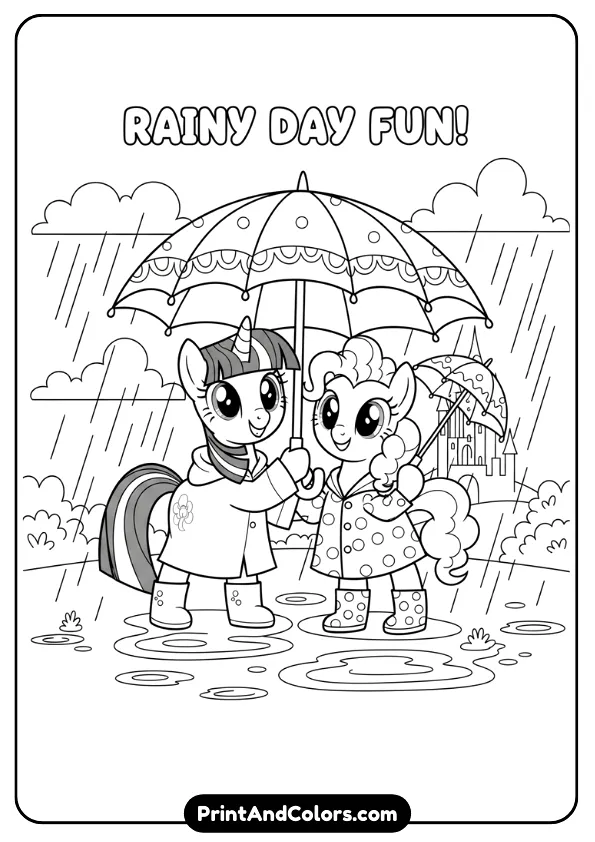 black and white coloring page of Twilight Sparkle and Pinkie Pie holding umbrellas under falling rain. Smiling faces, puddles, clean bold outlines.