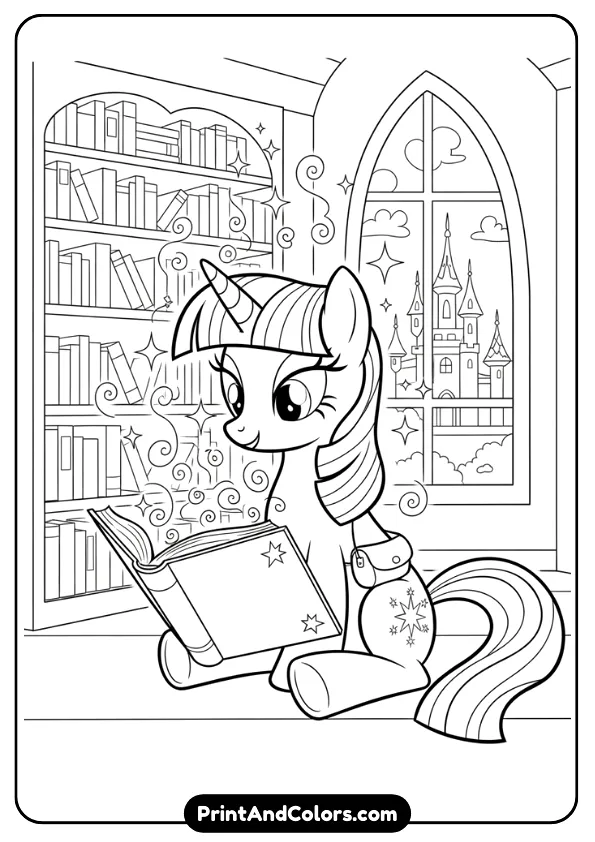 Create a detailed black and white outline coloring page featuring Twilight Sparkle reading a magical book with sparkles floating around. Simple library or castle background, bold outlines, no shading.