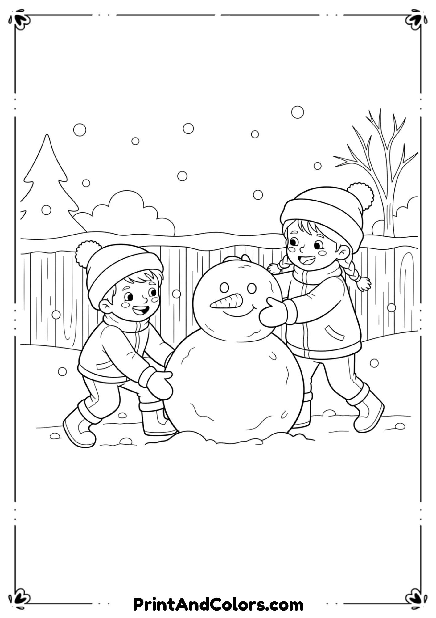 Two children placing snowballs to build a snowman, winter hats and gloves, backyard fence, and snow-covered ground. Clean black outlines.
