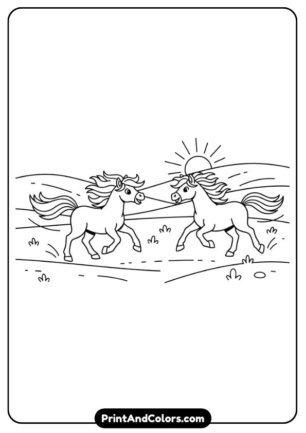 black and white outline coloring page of two ponies running playfully away from each other in an open field. Motion lines, simple background.