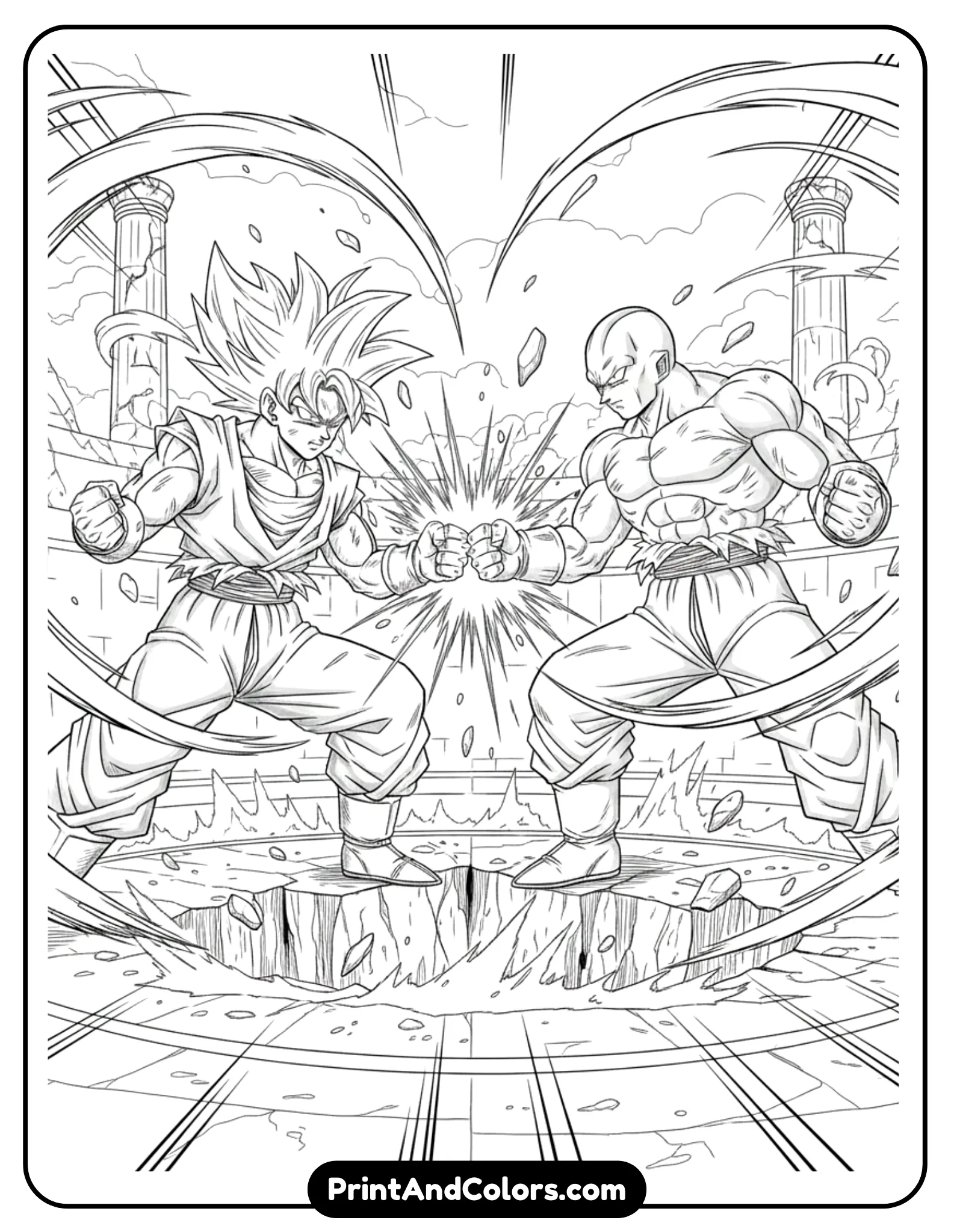 Draw Ultra Instinct Goku and Jiren clashing fists in the Tournament of Power arena. Intense motion lines, cracked arena floor, powerful stances. Bold black outlines, high-action composition.