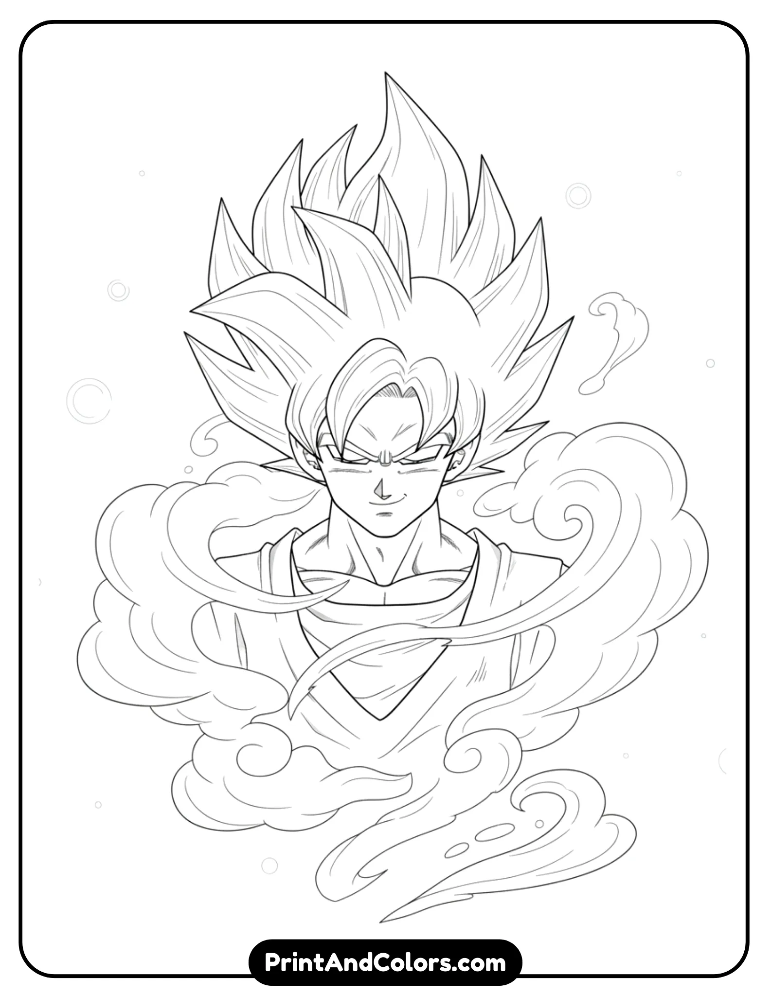 Create a black and white line art image of Ultra Instinct Goku with smooth flowing hair and calm expression. Soft aura waves surround him gently. Minimal background, clean anime outlines for coloring.
