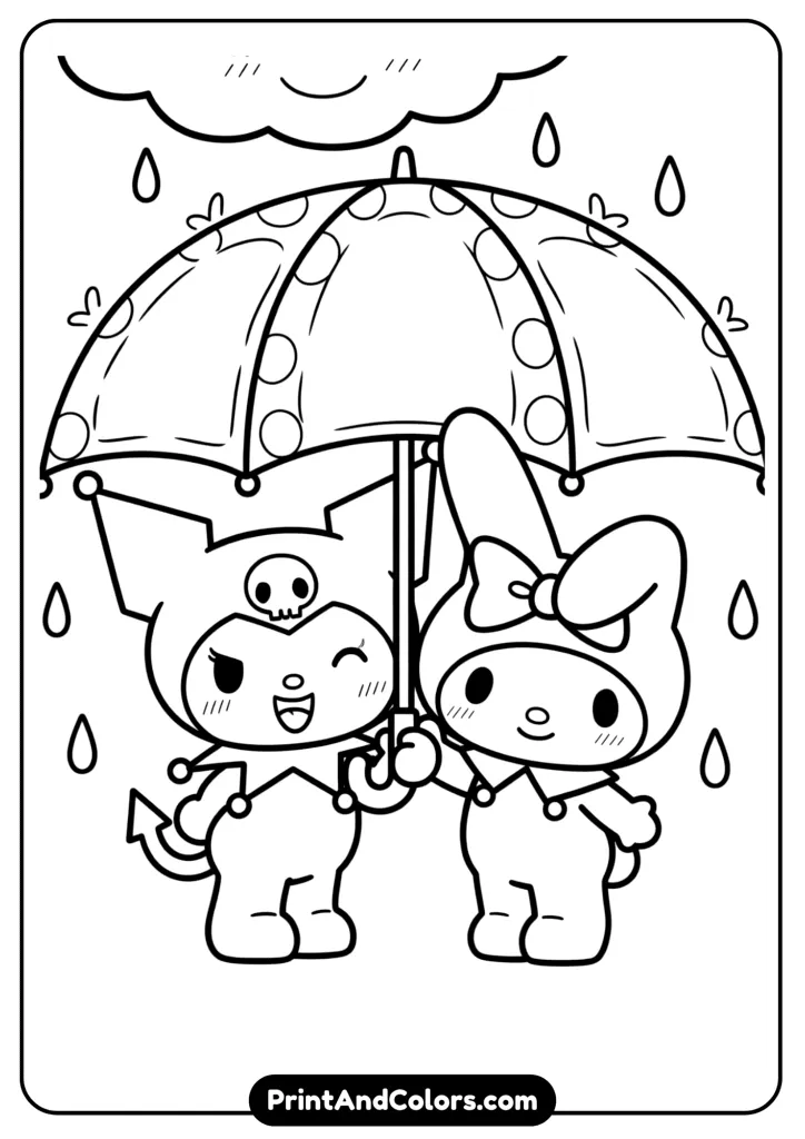 Kuromi and My Melody standing together under a big umbrella, smiling, cute Sanrio cartoon line art, perfect for coloring