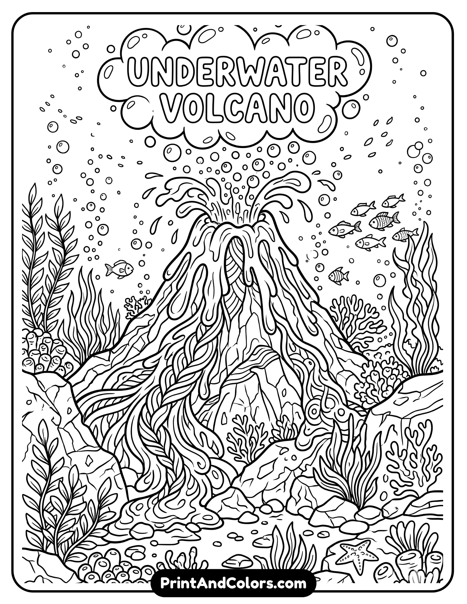 Line art of an underwater volcano with flowing lava shapes, surrounded by rocks, bubbles, and sea plants. Bold outlines, stylized lava patterns suitable for coloring