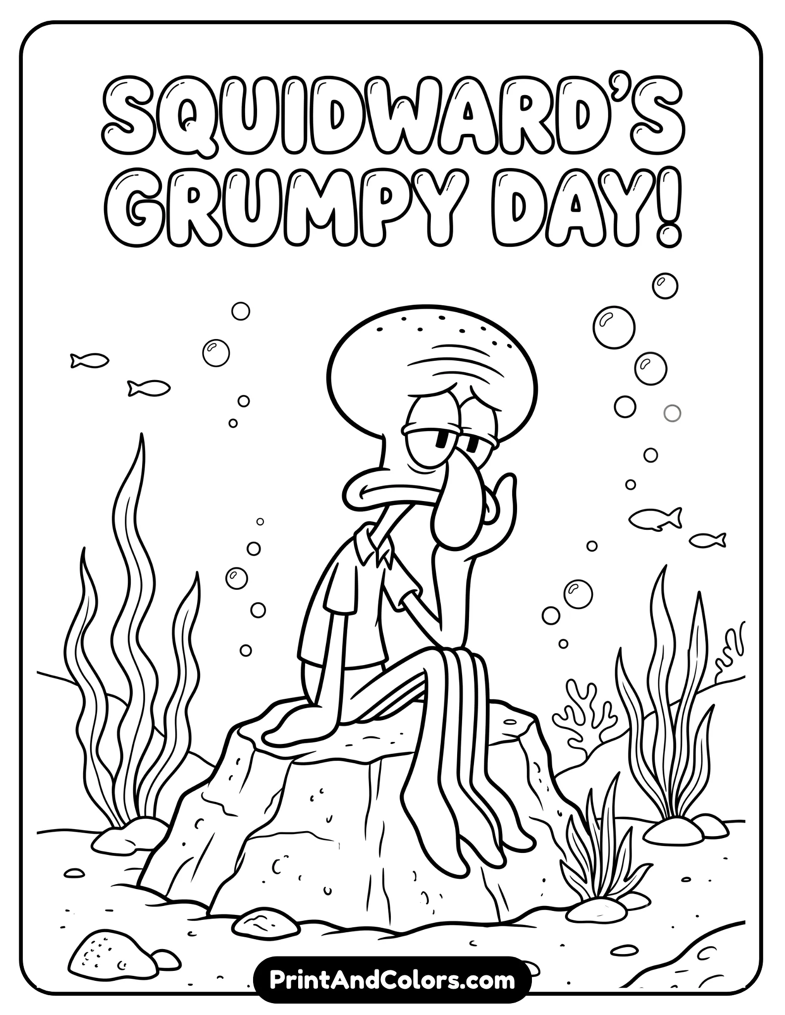 Black and white coloring page of Squidward sitting unhappily with droopy eyes and frown, simple underwater background with bubbles and seaweed, clean cartoon outlines, printable line art for kids and fans.
