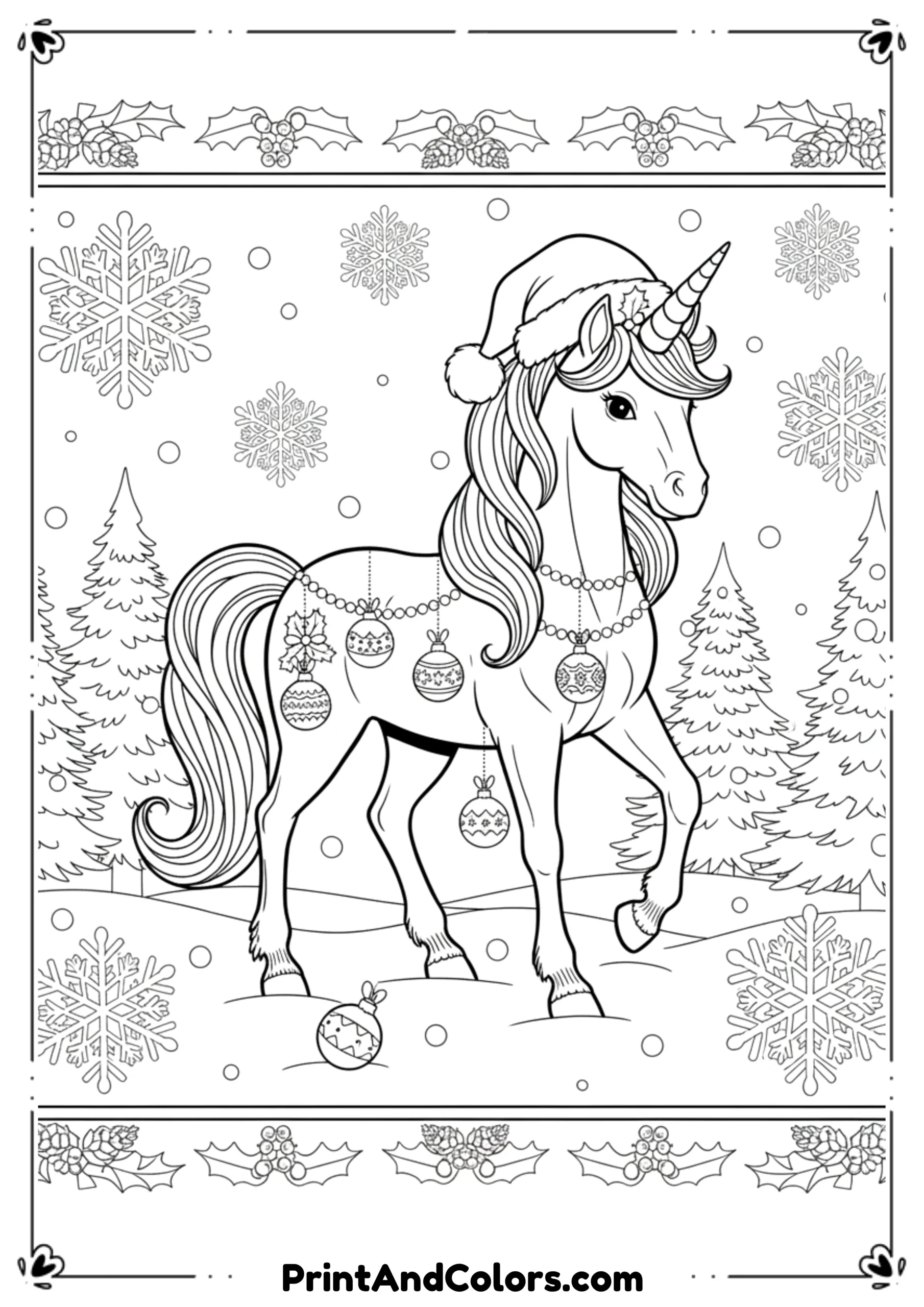 Black and white outline of a unicorn wearing a Santa hat with snowflakes and Christmas ornaments around.
