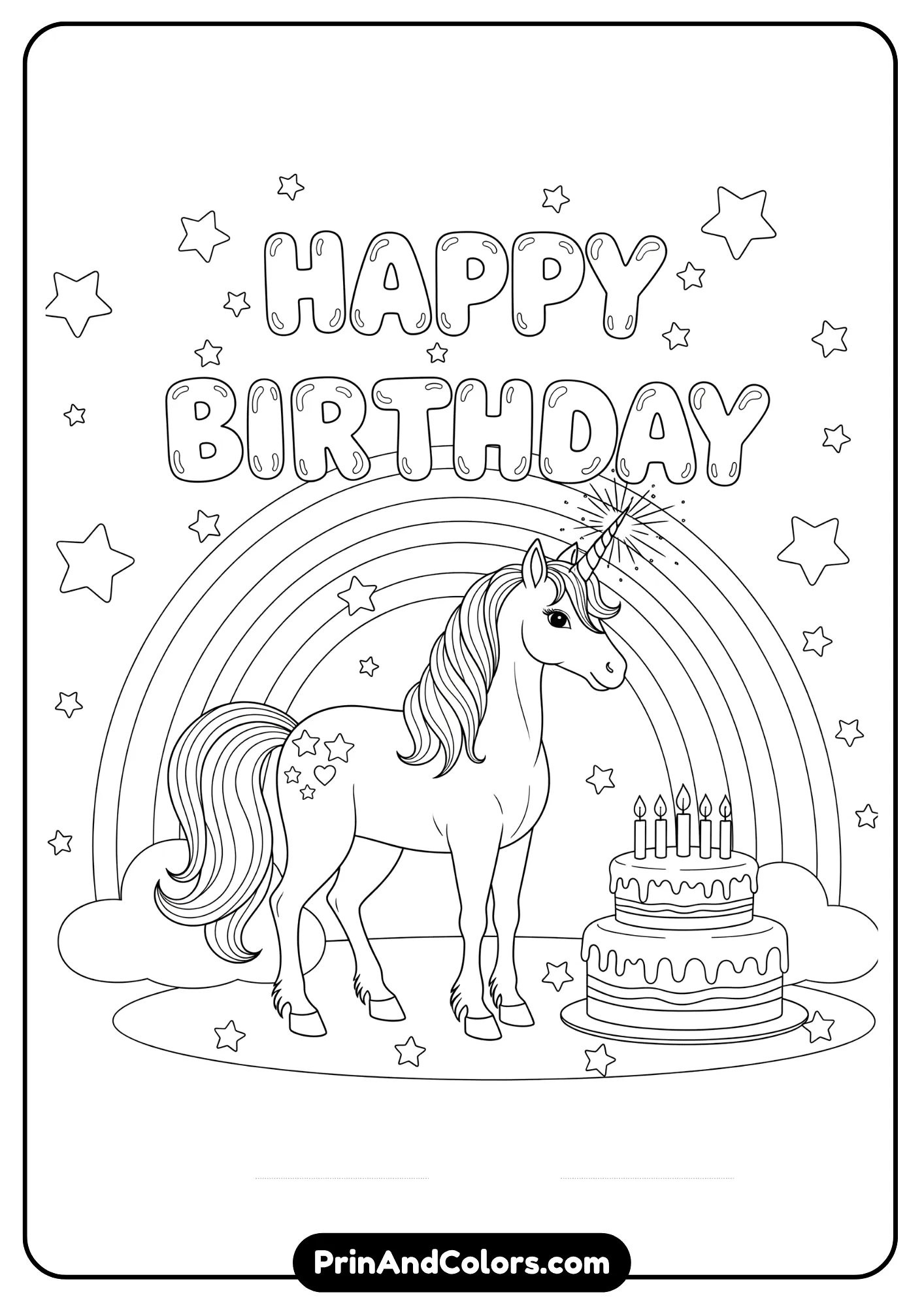 Unicorn birthday coloring page with rainbow and stars.