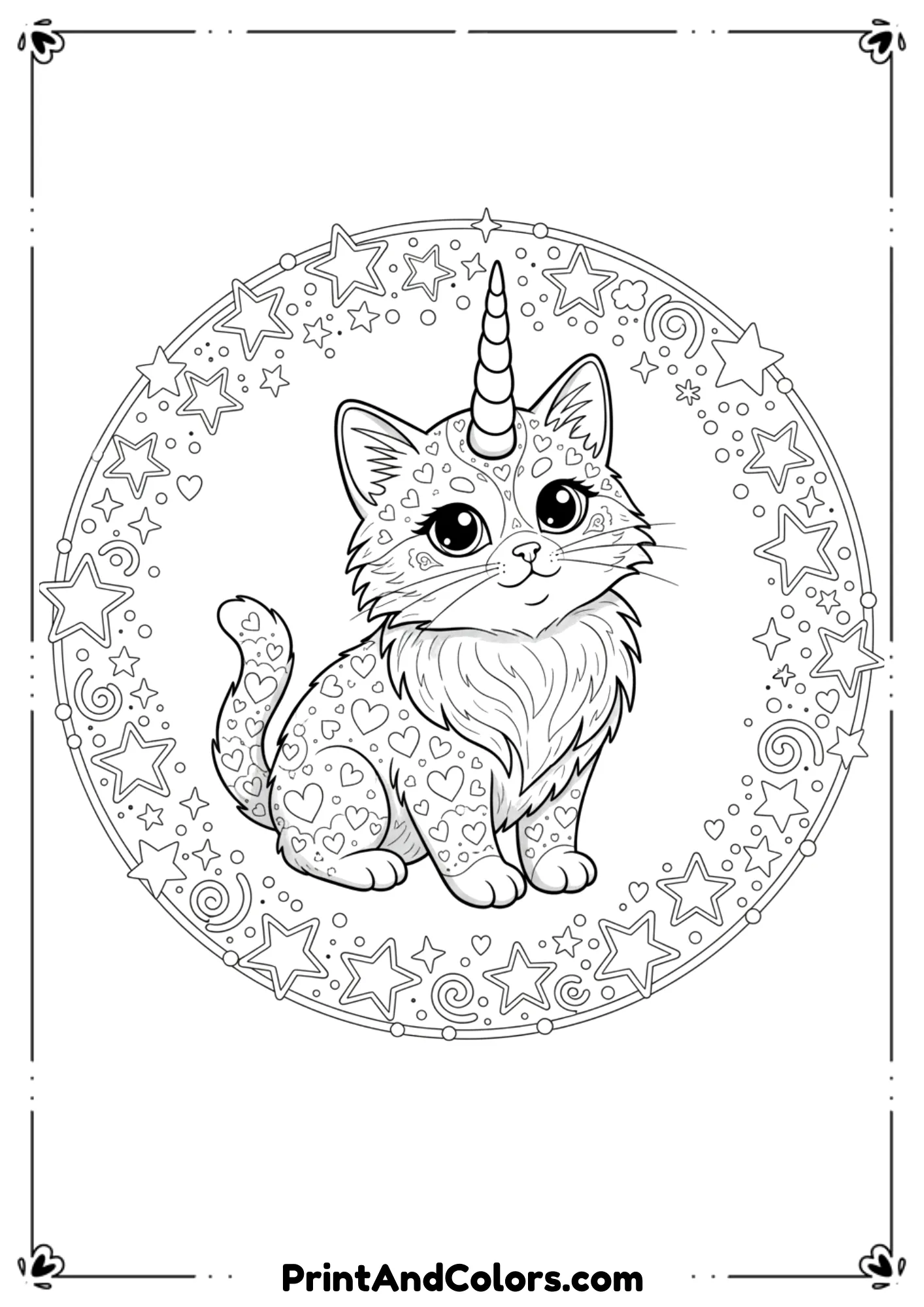  Fantasy kitten with a unicorn horn and sparkles, stars around, magical black-and-white line art.
