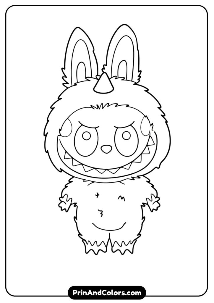 cute black and white line drawing of Labubu dressed as a unicorn monster, with stars and clouds in the background for preschoolers to color.