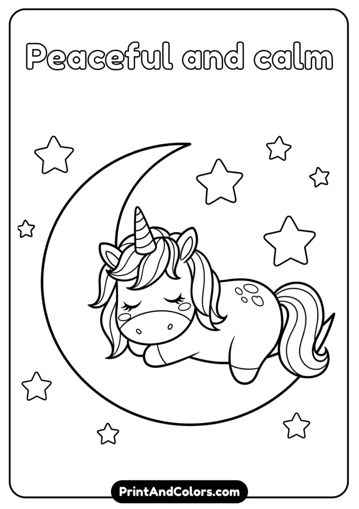 Black and white kawaii unicorn sleeping on a crescent moon with stars around, outlined for coloring