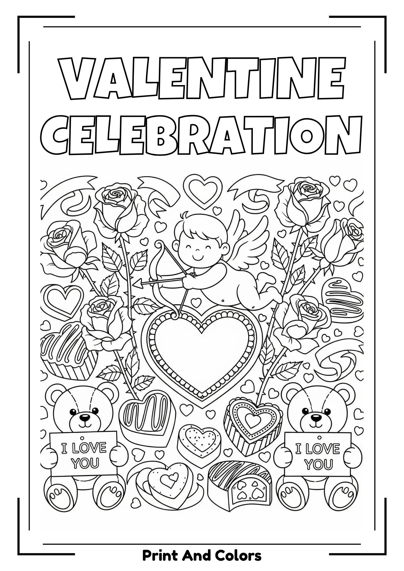 Valentine coloring page with hearts, Cupid, and love-themed illustrations for kids