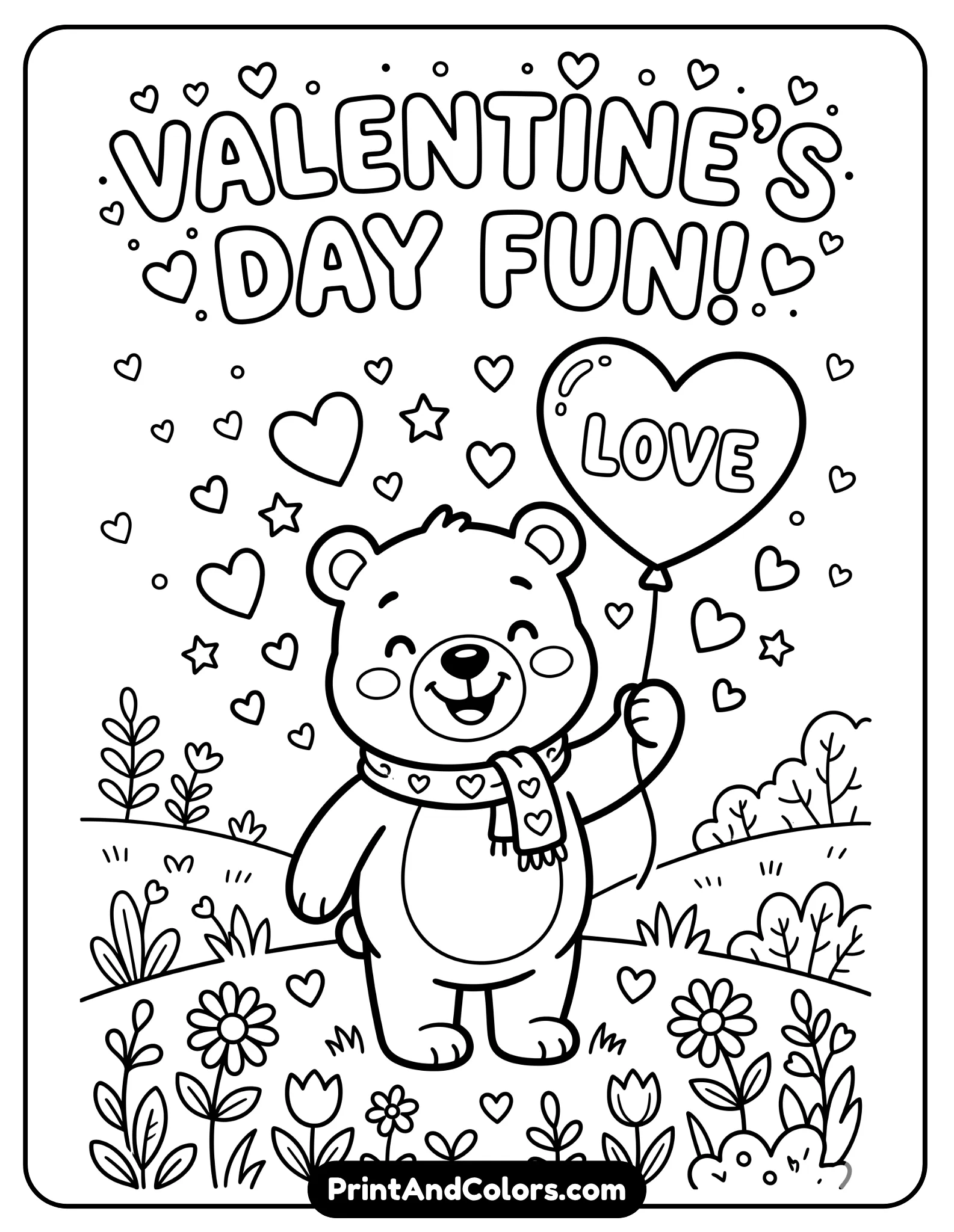 Valentine themed coloring page of Winnie the Pooh holding a heart shaped balloon, small hearts floating around, smiling sweetly, simple background with flowers, bold outlines for easy coloring